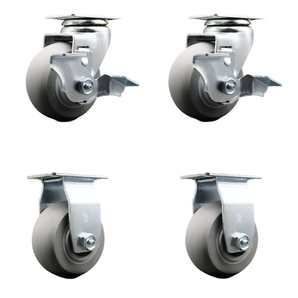 4 Inch Thermoplastic Rubber Caster Set with Ball Bearings 2 Brakes 2 Rigid